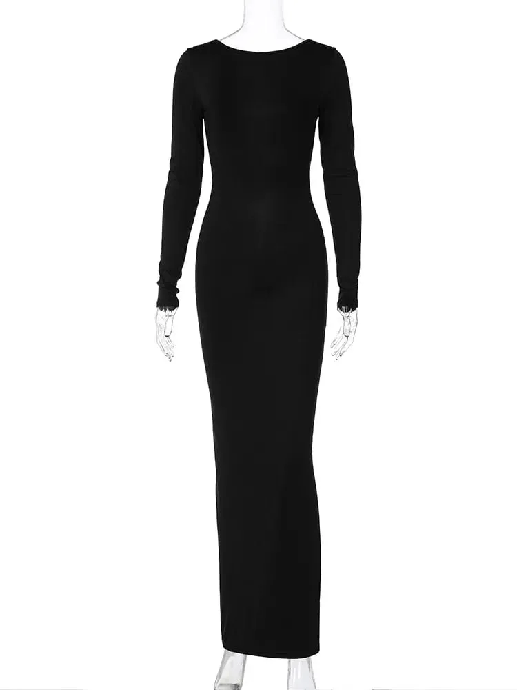Hugcitar Spring Elegant Long Sleeve Backless Solid Cuched Sexy Bodycon Maxi Prom Dress Women Outfit Evening Party Festival Y2K — image 6
