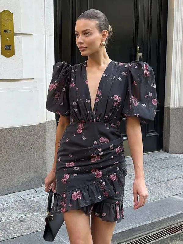 Collection Of Popular Printed Short Dress Deep V Neck A-line Bodycon Party Dresses 2026 Lady Spring Summer Vacation Outfits New
