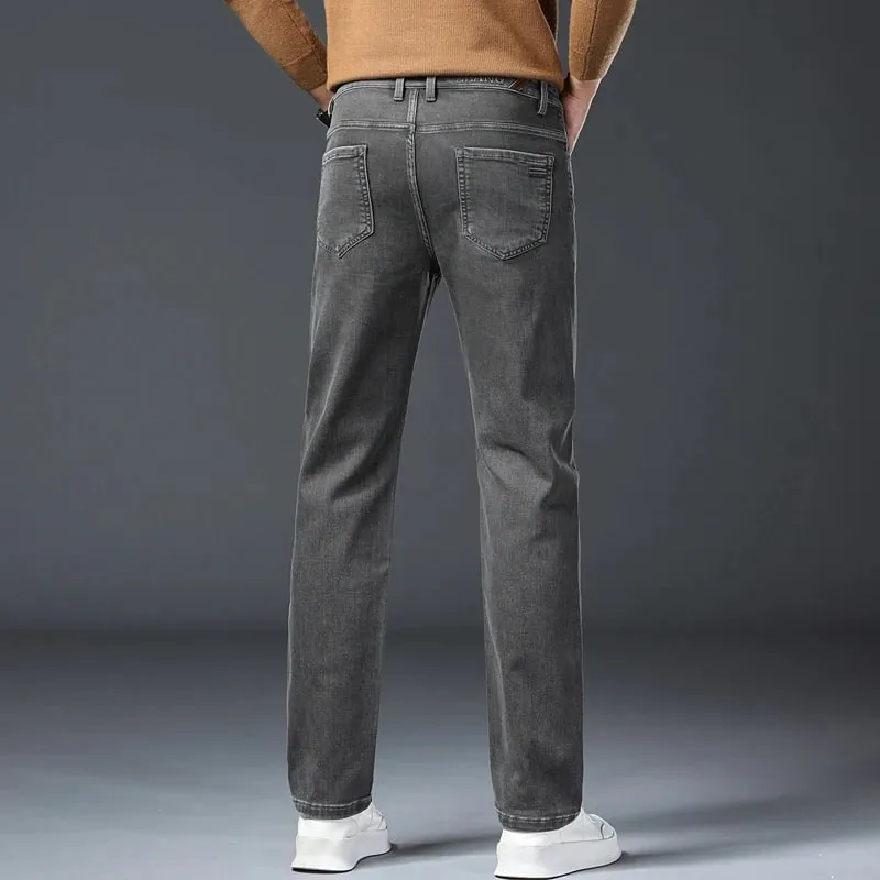 Classic Straight Men's Stretch Jeans Lyocell Cotton Comfortable Soft Casual Denim Pants Spring Business Work Gray Trousers