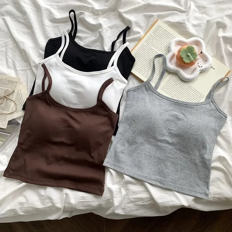 Women's Solid Color Straps Sleeveless Slim Camisole with Comfortable Chest Pad Daily Top Travel Inside Sport Cotton Vest