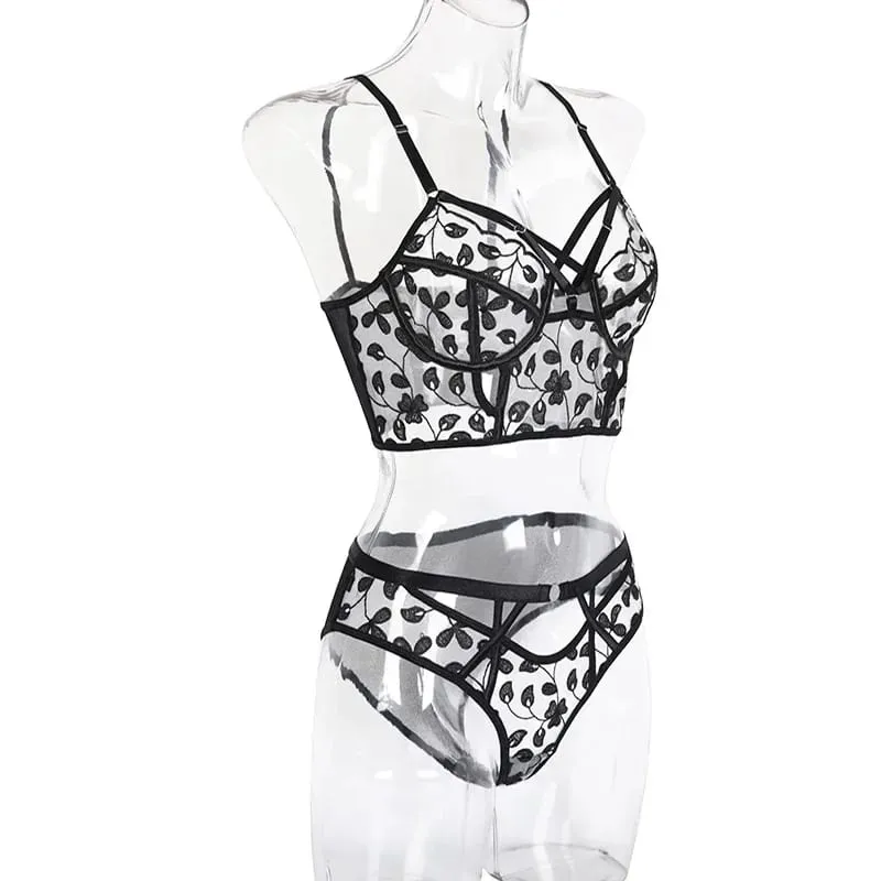 new Affordable Luxury Lingerie Tulle Embroidery Sexy Hollow Out Bra Panties Set Ladies Two Piece Set Luxury Sensual Female