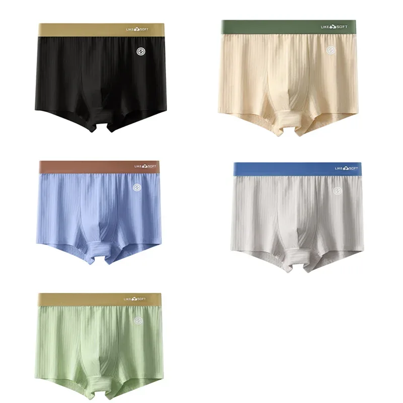 5Pcs Men Striped Boxer Briefs Soft Breathable Mid Waist Elastic Waistband Cotton Blend Men Underwear Shorts