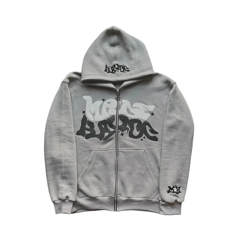 Zipper hooded sweatshirt with retro American letters suitable for men and women wearing Y2K jacket autumn/winter cardigan