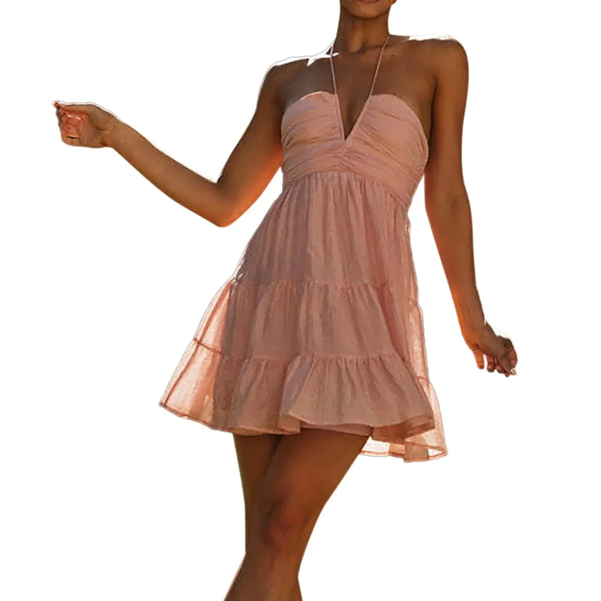 Women's Summer Chiffon Holiday Dress Halter V Neck Flowy A Line Dress Sleeveless Backless Tiered Swing Boho Beach Dresses Robe