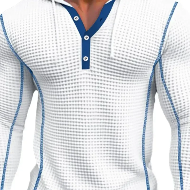 Waffle Solid Fabric Slim Fit Hoodies Men V-neck Button Casual Sweatshirts Hip Hop Street Sweater Men's Sports Tops Long Sleeve