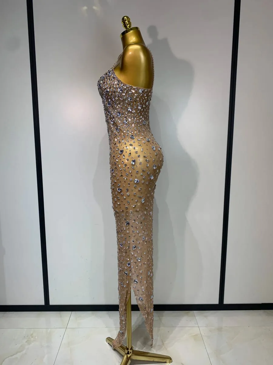 Luxury Rhinestones Sexy Mesh See Through Bodycon Dress Women Birthday Evening Cocktail party Gown Red Carpet Club Stage Outfit — image 3