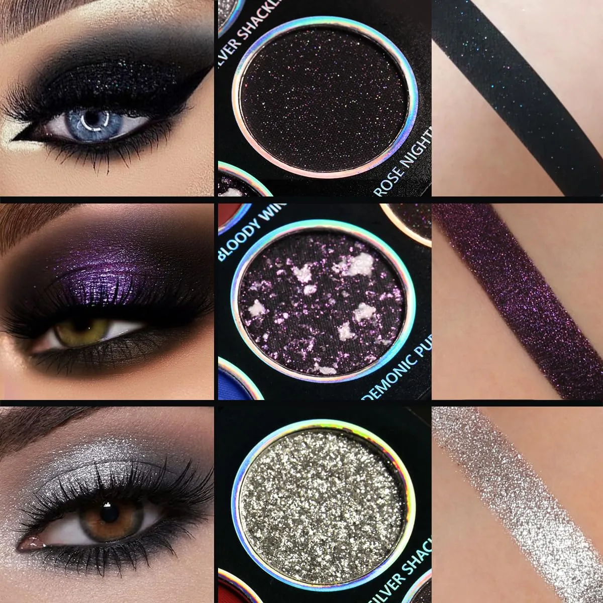 Eyeshadow Palette 12 Colors Chameleon Metallic Silver Shimmer Black Goth Clown Halloween Long Wear Vegan Eye Makeup 17g