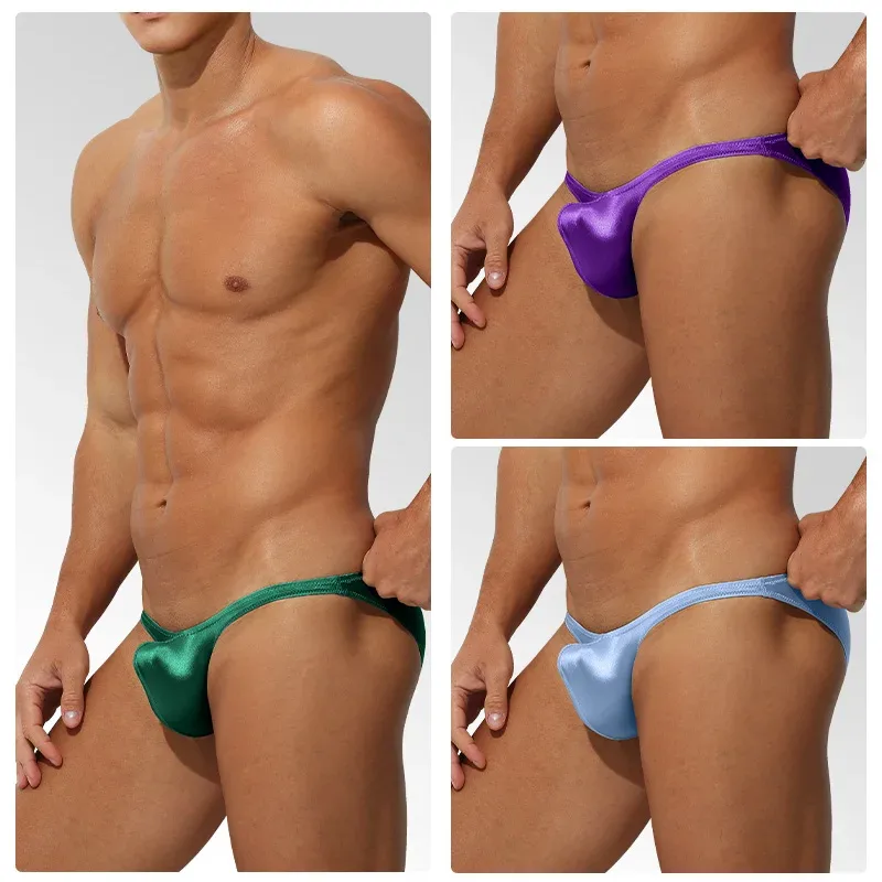 Cintura baixa gelo seda cetim roupa interior masculina apertado ajuste esporte stylejj impulsionando luxo sensual briefs juventude náilon elastano