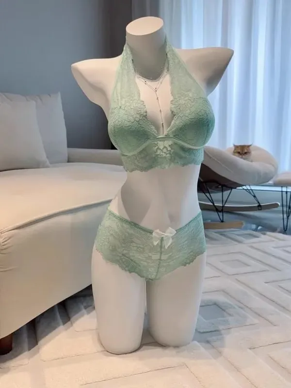 Mint Green Halter Neck Bra Set Wireless Lace Lingerie Adjustable Pads Heart-Shaped Back for Women Innerwear & Outerwear
