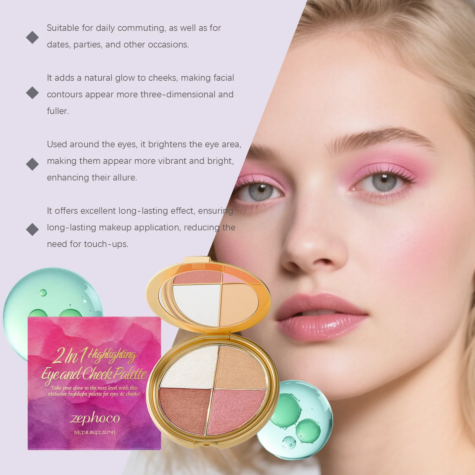 Highlighter Eyeshadow Blush Palette - Portable Versatile Natural and Multi-Use for Daily Eye and Cheek Makeup