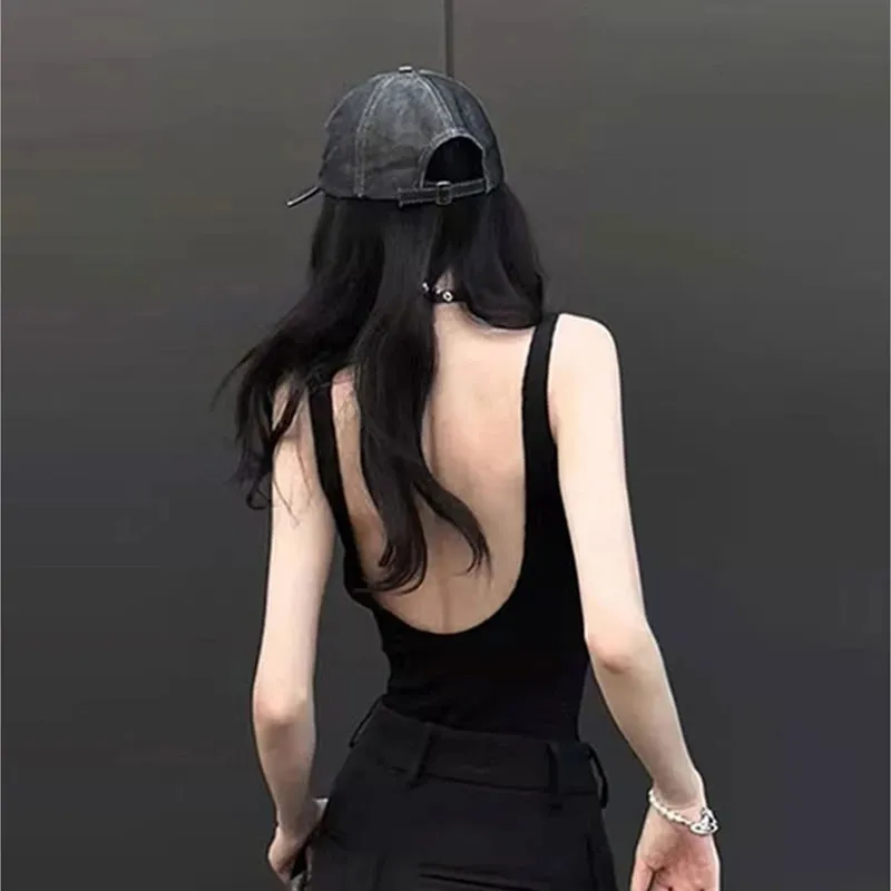 Black Strappy Bodysuit Sexy Backless Ribbed Bodysuit Romper string femme sexy Sleeveless Tank Top gloved bodysuit Body Female