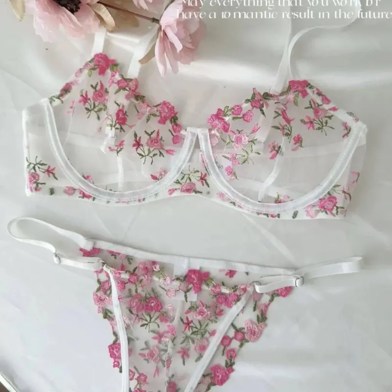 French Floral Bra Set Women | Sweet Sexy Sheer Mesh Lace Transparent Underwear Set | Practical & Feminine MOYISU Sexy Panty Set