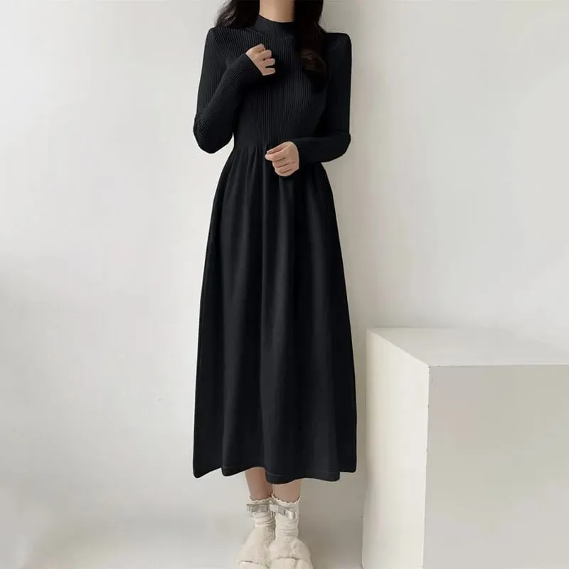 Autumn Winter Women Knitted Dress All-Match Simple Solid Half-High Collar Long Dresses Woman Korean Chic High Waist A-Line Dress
