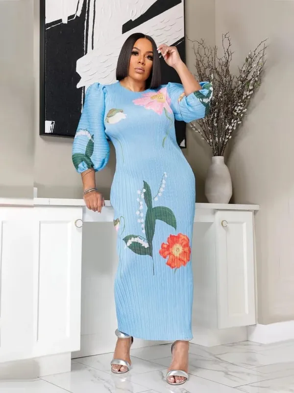 Wmstar vestidos femininos atacado moda senhoras de alta qualidade manga lanterna plissado flor impressão em torno do pescoço maxi vestido novo verão