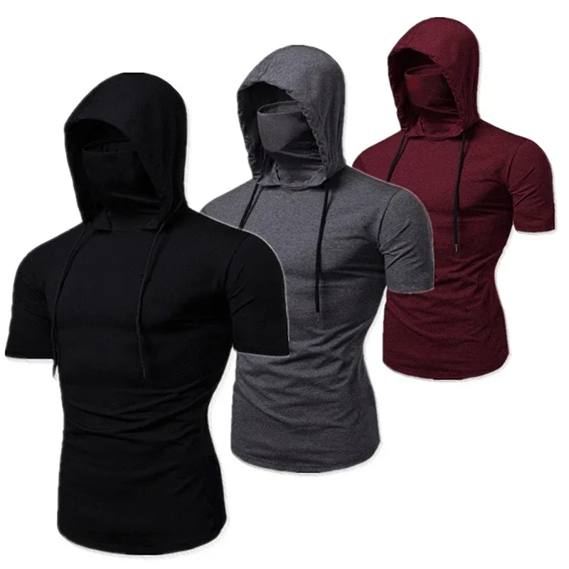 Men New Gym Thin Hoodie Short Sleeve Hoodies With Mask Sweatshirt Casual Splice Large Mask Hoodie Sweatshirt Hooded Tops Cycling