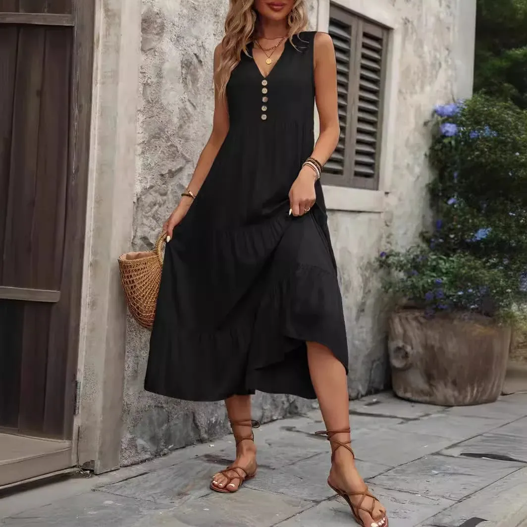 Casual Summer Midi Dress Women Sleeveless Tank V-Neck Buttons Ruffle Loose Dresses Beach Soild Sundress New Fashion Ladies Dress — image 2