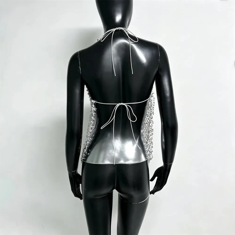 Women Shiny Acrylic Sequins Hollow Tank Top Sexy Deep V Neck Backless Halter Neck See Through Cover Up Camisole Beach Party Tops