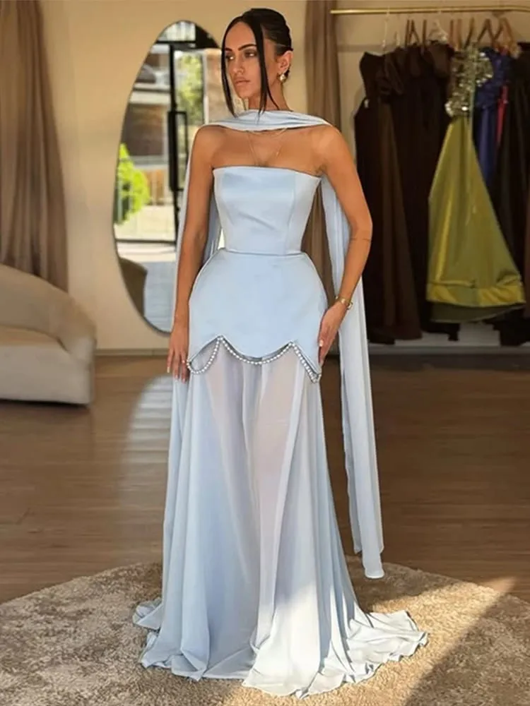 Solid Color Tie Accent Floral Hem Evening Gown Strapless Paneled Pearl Chain 2026 Elegant Women Dress Fashion Chic Lady Vestido