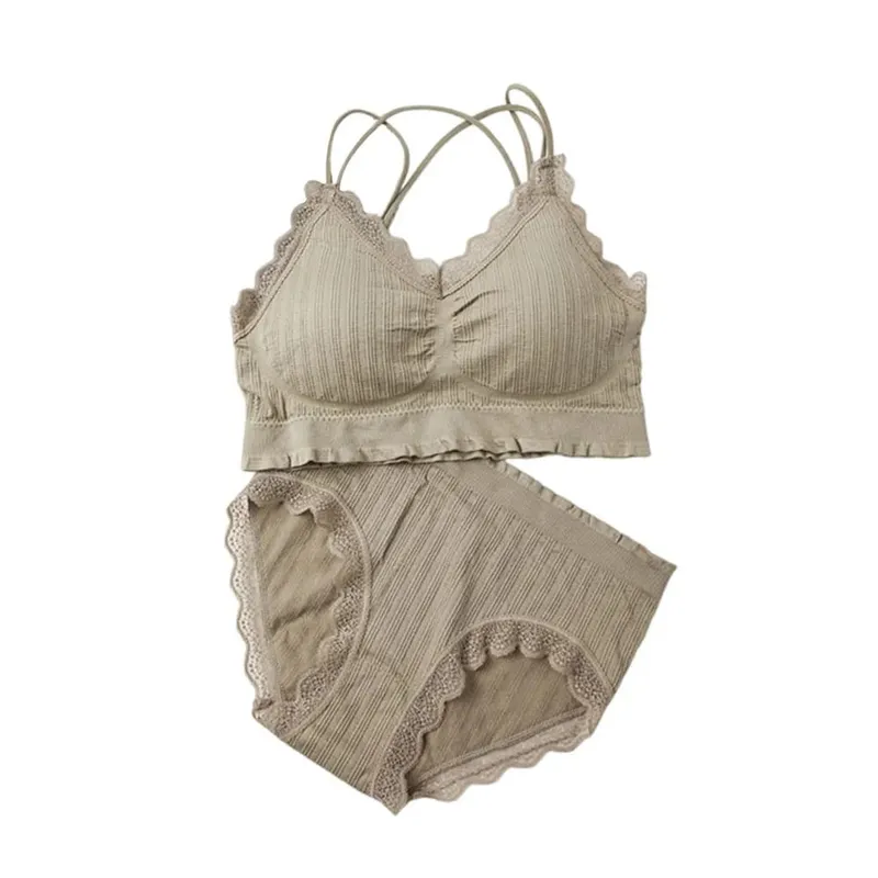 1Set Casual Lace Women Seamless Bra Set V-Neck with Bra Pads Lingerie Set Comfortable Breathable Underwear Set