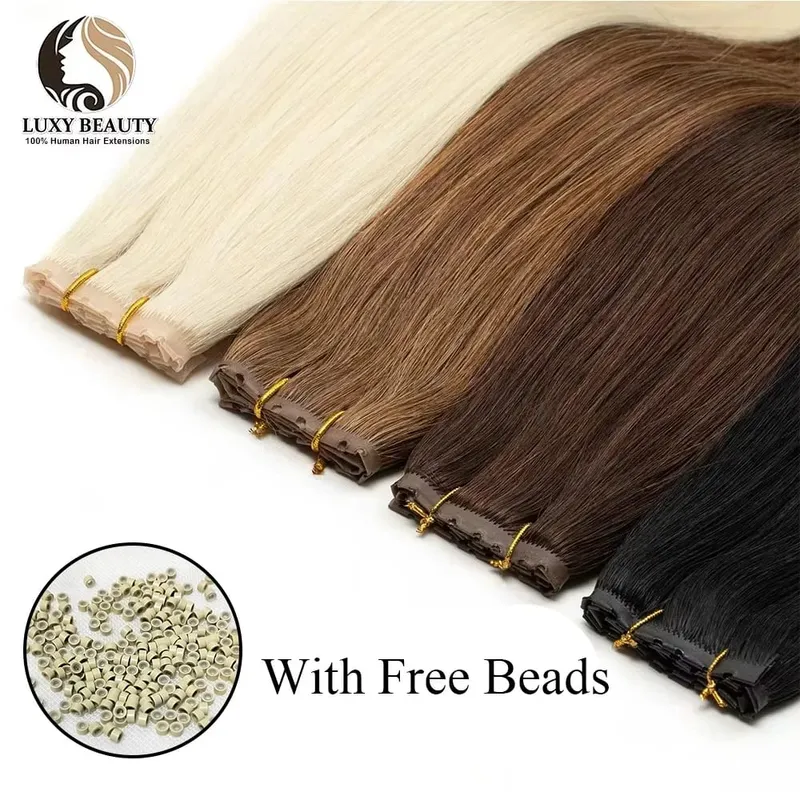 Blonde injected Hole Weft Human Hair Extensions Straight Twin Tab Butterfly Weft Natural Invisible Brown Hole Weft Extensions — image 3