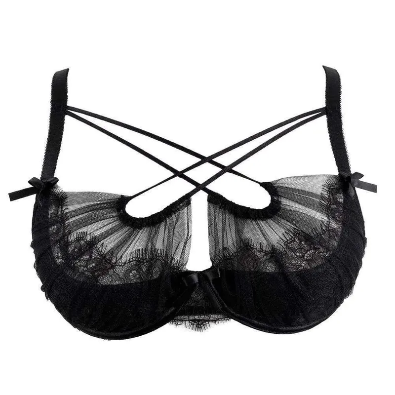 Französisch Spitze Stickerei Cross Strap Dessous Set Mesh Push-Up Bh Panty Hohl Sexy Frauen Intime Unterwäsche Anzug S-XL Party tragen