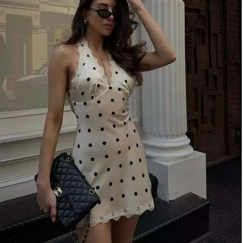 Kant Gesplitst Polka Dot Halter Jurk Vro