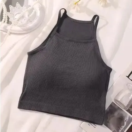 Korean Version Women Tank Tops Thread Solid Casual Fashion Crop Top with Chest Pad Stripe Sleeveless Outer Wear Basic Camisole