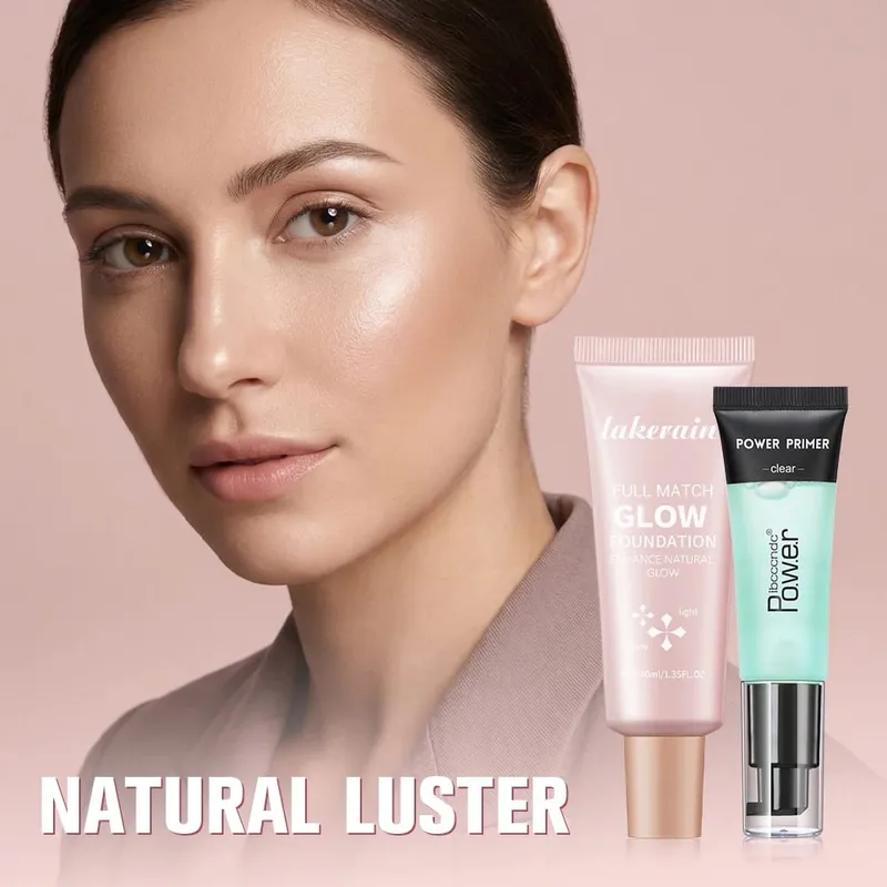 Powder Grip Primer Gel & Glow Foundation Makeup Kit Hydrating Smoothing Skin Lightweight Brighthen Shiny Fase Cosmetics Combo