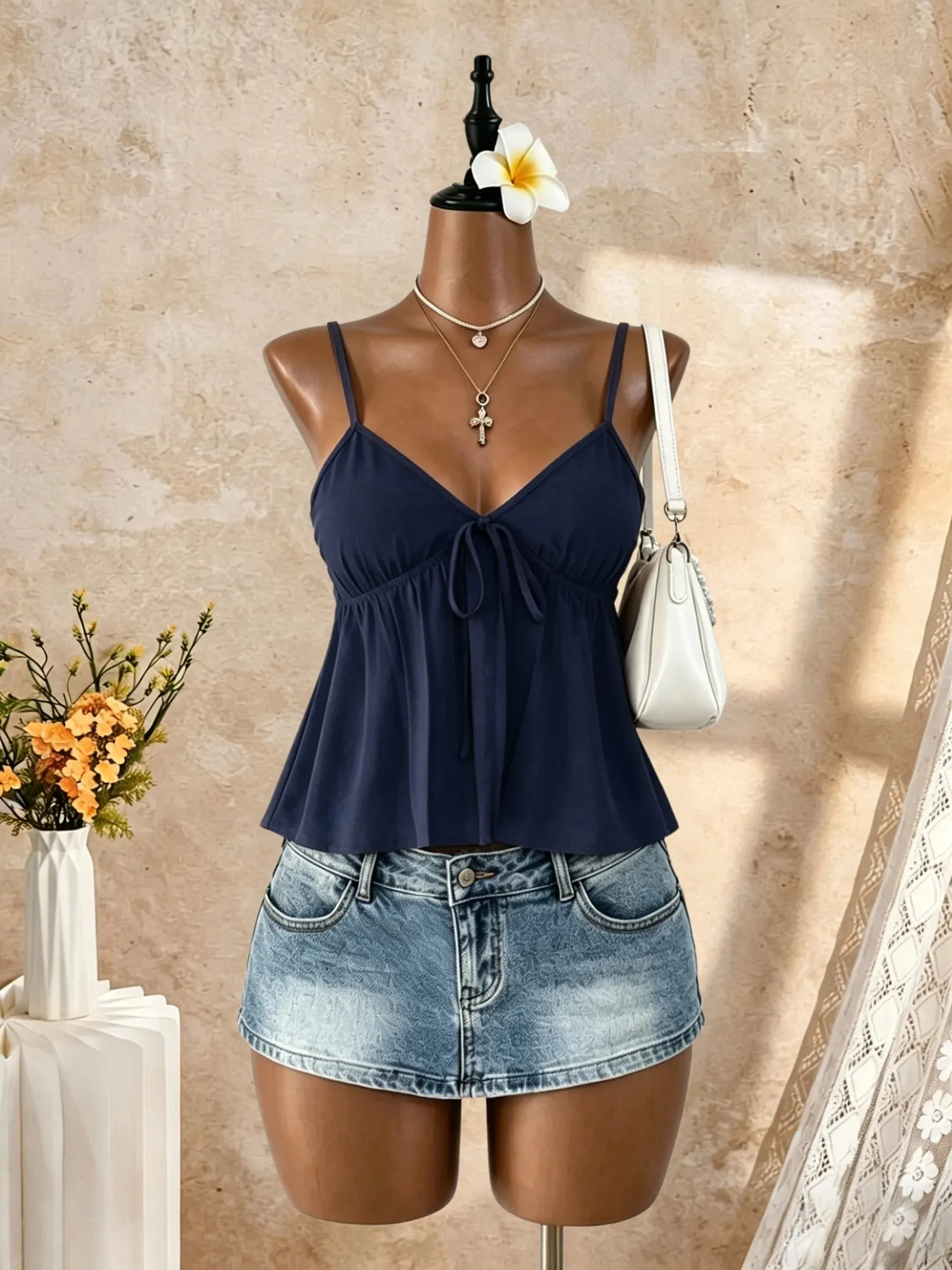 Women V Neck Spaghetti Strap Front Tie Ruched Waist Flared Peplum Cami Top 2026 Summer Y2K Solid Black Casual Beach Vacation Loo