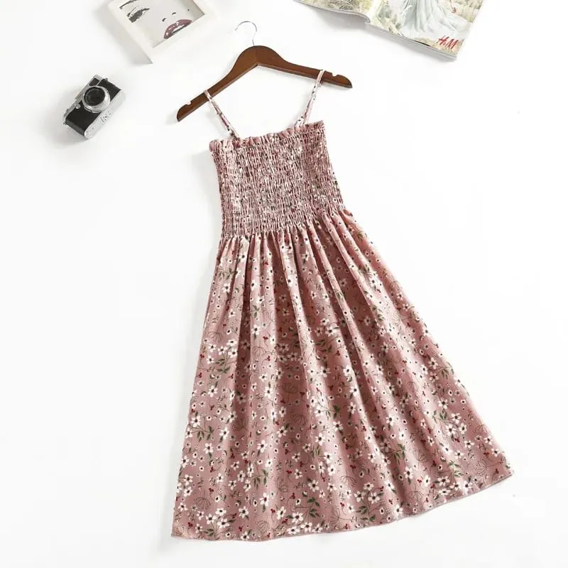 ฤดูร้อนมินิเดรสแฟชั่นหญิง Elastic High เอว Casual สปาเก็ตตี้สายคล้องคอผู้หญิงชุดชีฟอง Vestidos