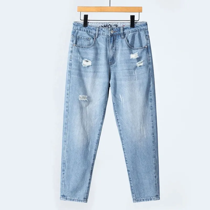 Summer Thin Ripped Jeans Mens Straight Breathable Washed Denim Trousers Casual Streetwear Harlen Ankle Length Pants Light Blue