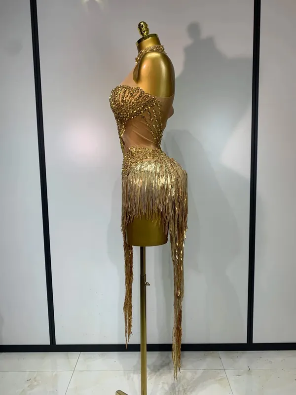 Costume de scène Sexy en maille strass scintillante, paillettes transparentes, pompon, soirée, fête d'anniversaire, discothèque, tenue de chanteur de danse