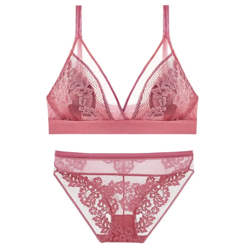 Women's Bra Set Sexy Breathable Lace Thin Gathered Push Up Underwear Large Size Wireless Soft Confort Lingerie Set