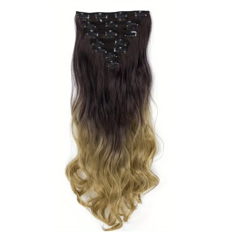 Clip in Hair Extensions Ombre Color Synthetic 7pcs Set Wavy Curly Hairpieces Black to Purple For Women Girls