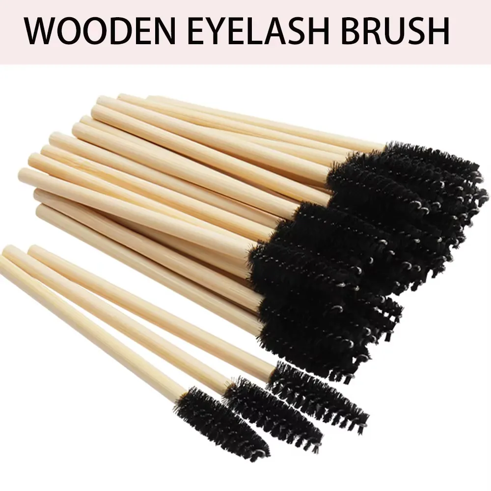50Pcs Bamboo Handle Eyelash Brushes Mascara Wands Applicator Eye Lashes Extension Brush Eyebrow Spoolie Brushes Makeup Tool