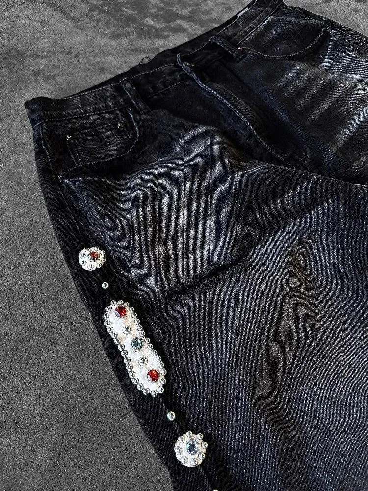 Mens Jeans Punk Vintage Streetwear Black Wide Leg Denim Pants Rhinestone Pearl Decor Ripped Distressed Loose Fit Y2K Fashion