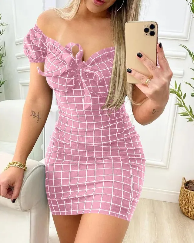 Summer dress sexy package buttocks maikling palda ng cross border grid print dress