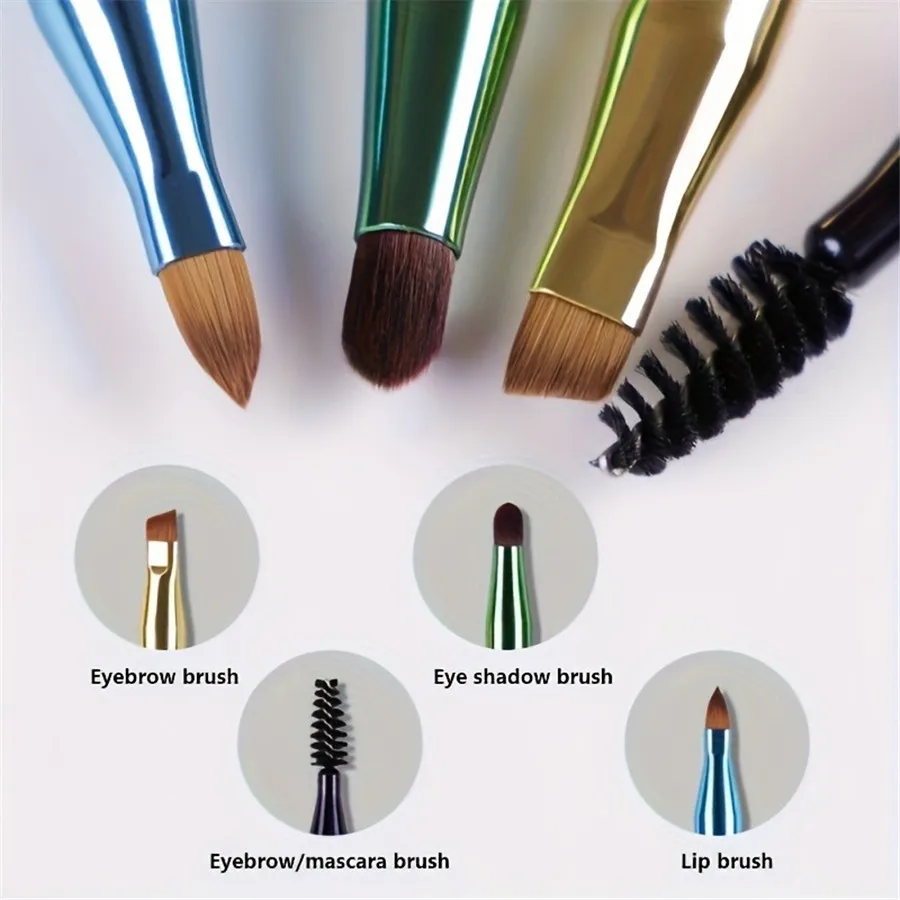 4-in-1 Portable Makeup Brush Set Metal Handle Eyebrow & Lip Brushes with Eyelash And Eyeshadow Applicators Travel-Friendly