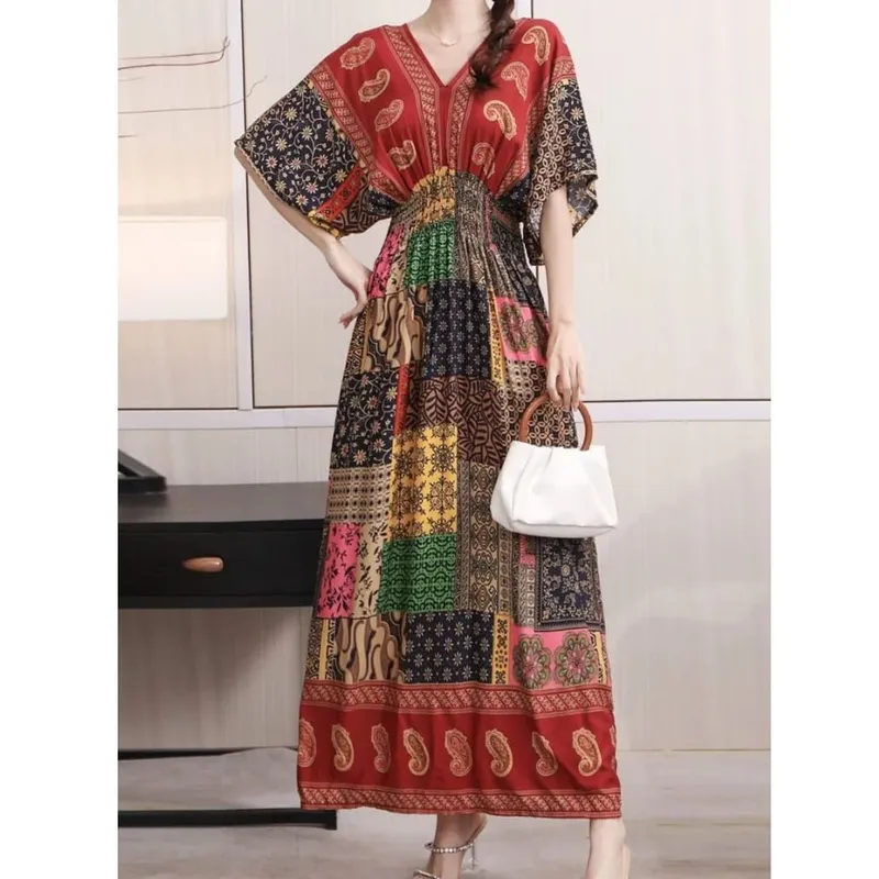 Casual Elegant Retro Bohemian National Style V-neck Elastic Waist Large Swing Printed Summer Long Skirt Woman Dress Clothes