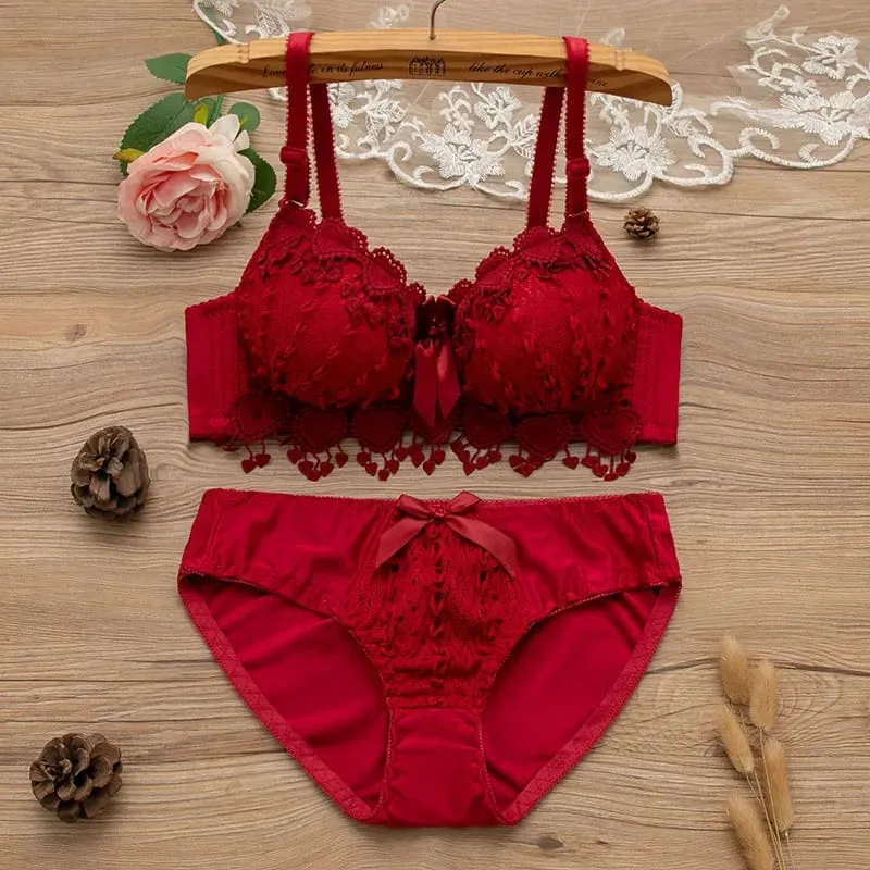 Women Wireless Lingerie Set Tassel Lace Bow Decor Push‑Up Bra & Panty Suit Adjustable Straps Ladies Intimate Underwear 32-38