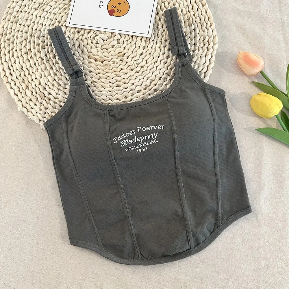 Brief Afdrukken Crop Tops Vrouwen Zomer Tops Sexy Hemdje Vierkante Kraag Tank Top Y2K Naadloze Vrouwelijke Crop Tops Gewatteerde Mode