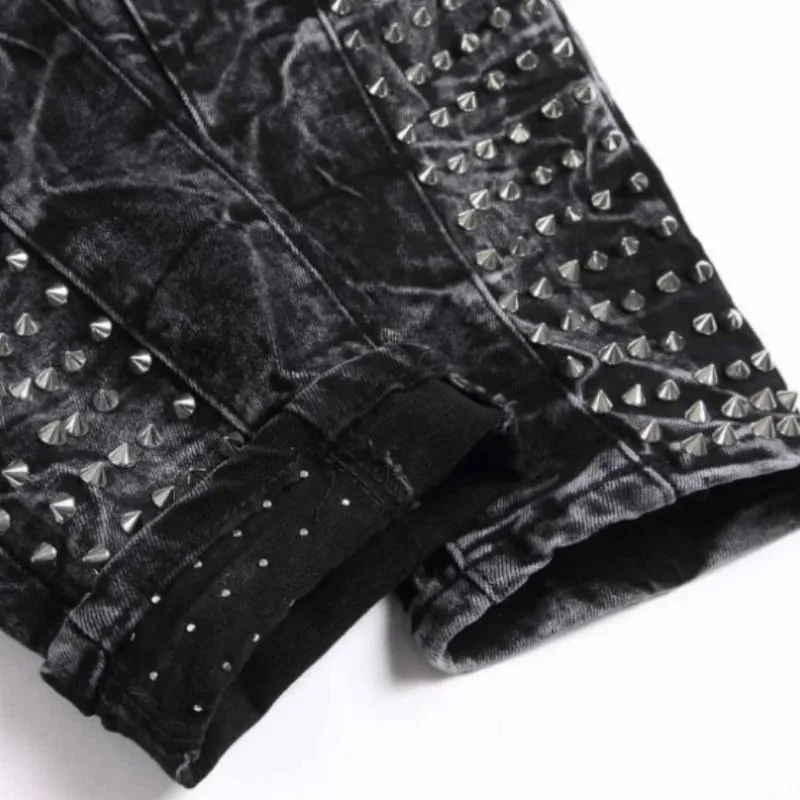 2025 nuevo cuatro estaciones Retro Punk High Street moda negro lavado anticuado adelgazamiento y anticuado Willow Nail Jeans para hombres