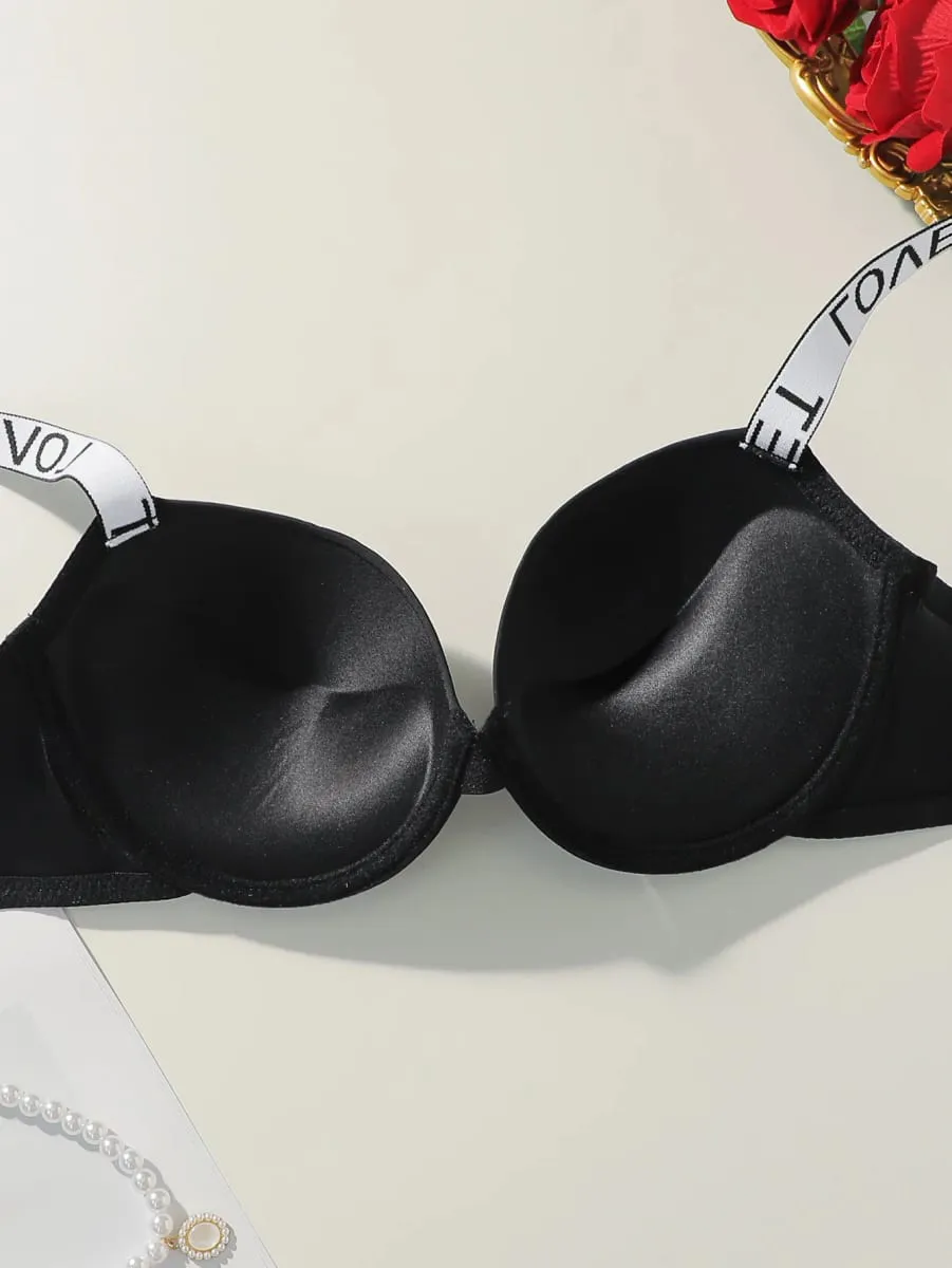Viomisha Sexy Bras Set Push Up Bra with Letter Shoulder Strap Women Solid Everyday Underwear Panty Set Daily Lingerie Outfit S-L