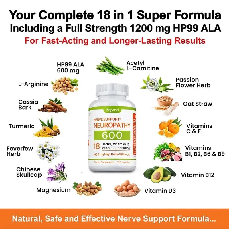 Neuropathy Support Supplement 600mg - Supports The Nervous System Relieves Stress Promotes Brain Function and Boosts Energy