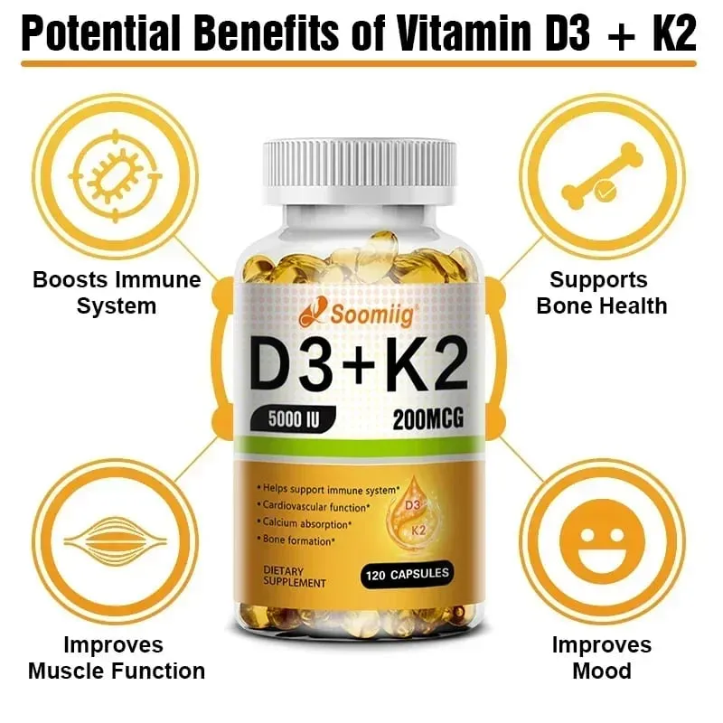 Vitamin D3 5000IU and 200 Mcg Vitamin K2 (MK-7) Capsules for Calcium Absorption Bone Regeneration Immune Support Easy To Melt