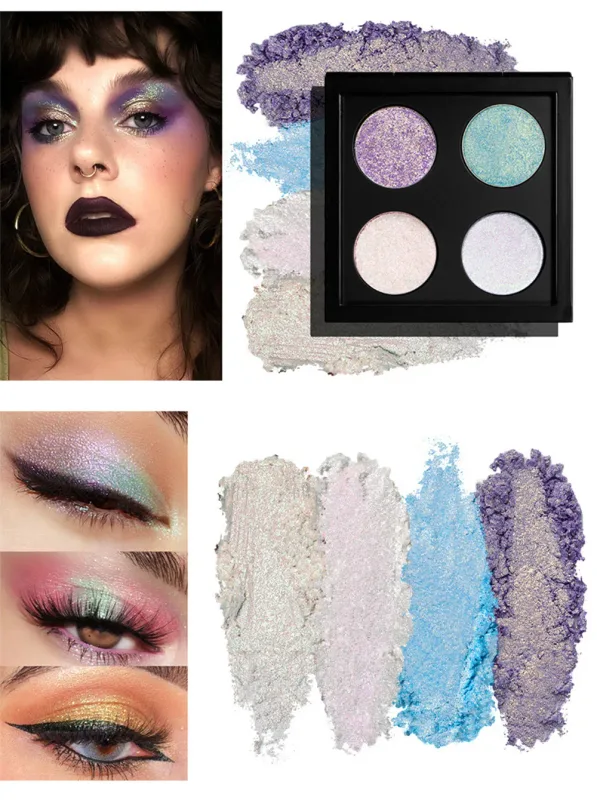 Paleta de sombras camaleão vegano de 4 cores, maquiagem de marca própria, atacado, logotipo personalizado, sombra de olhos com mudança de cor