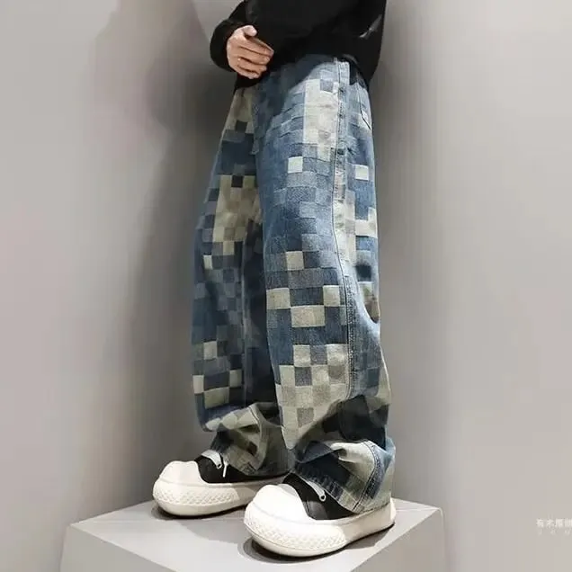 Y2k Streetwear Plaid Baggy Jeans Men Straight Wide Leg Loose Pants Fashion Hip Hop Washed Vintage Denim Pants Trousers