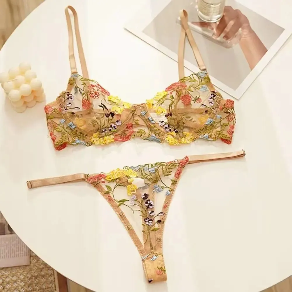 Versatile Transparent Lingerie Set Ultra-thin Elegant Panties Bra Set Push Up Embroidery Floral Underwear Women