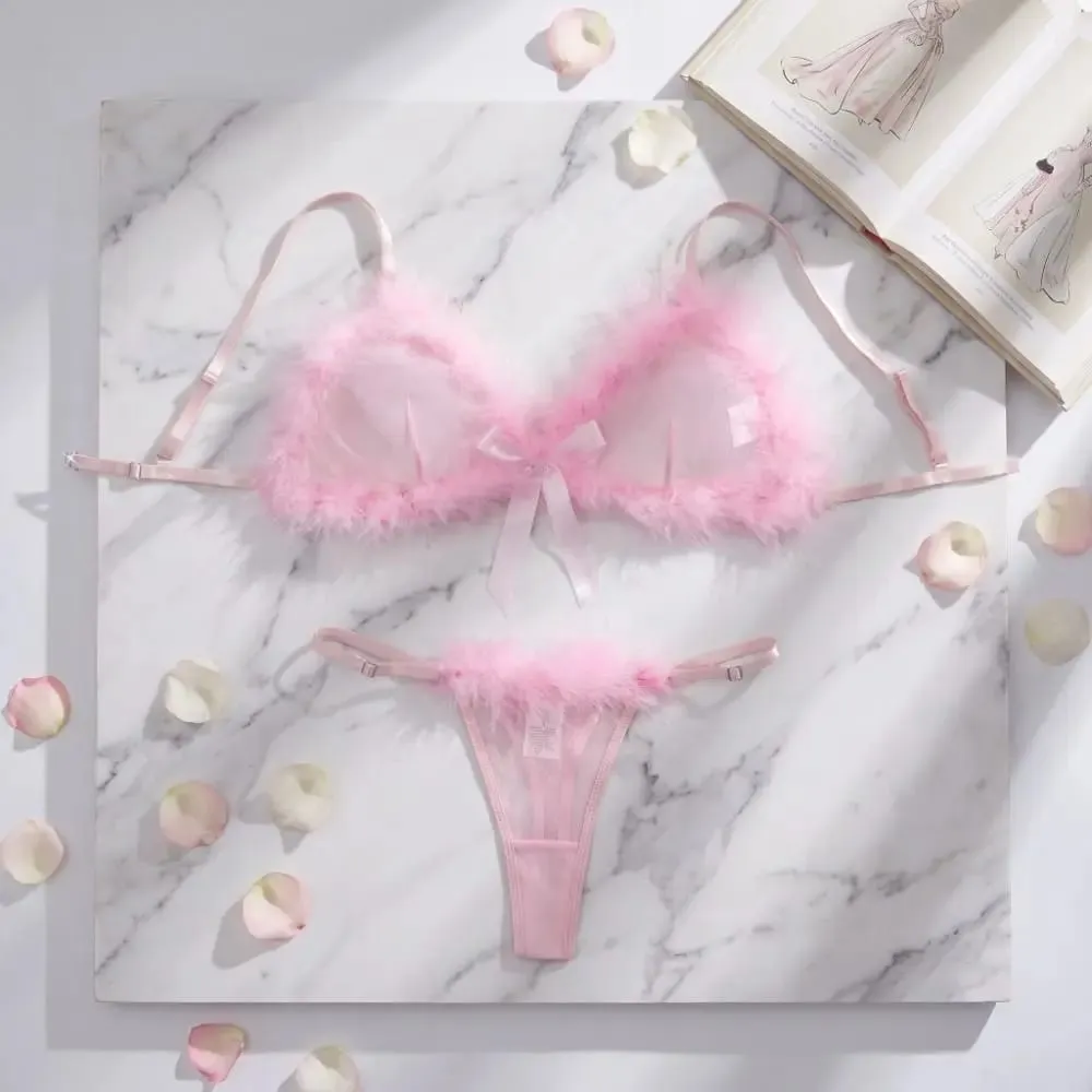 Underclothes Furry Women's Underwear Wireless Mesh Transparent Lingerie Set Romantic Intimate Bow Decor Bra Panties Suit Home