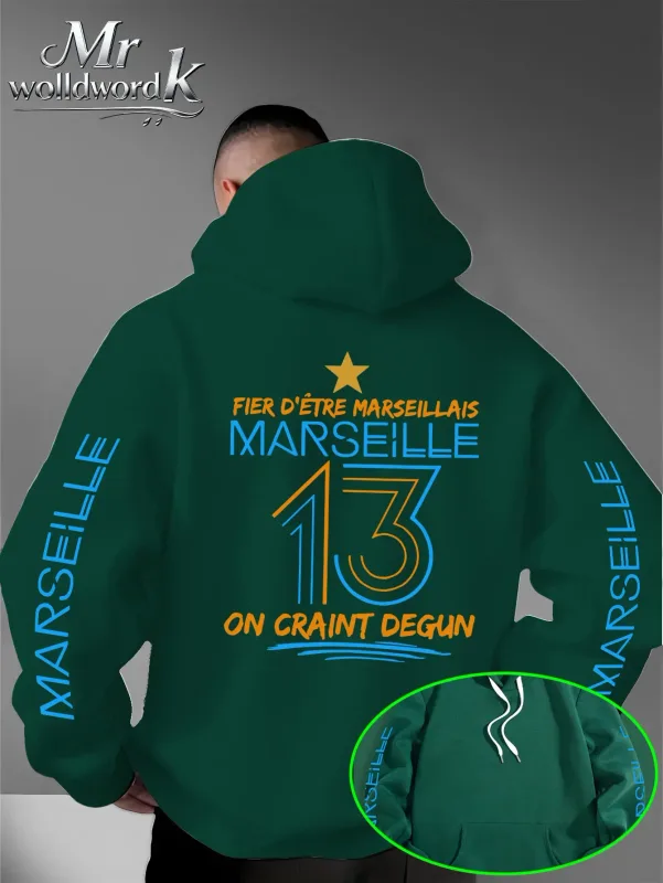 Мужская толстовка с капюшоном Marseille 13 City с несколькими принтами на рукавах и буквами сзади, осенне-зимняя флисовая свободная толстовка с капюшоном